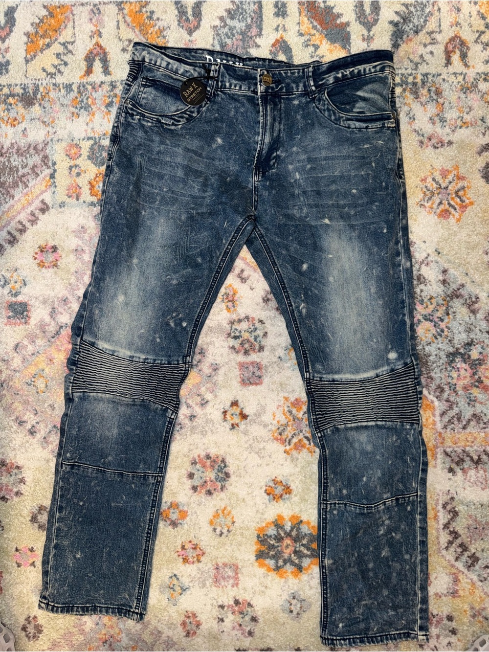 Men's Skinny Washed Navy Moto Jeans with Ribbed Knee Panels